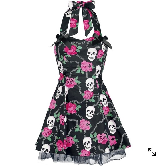 NEW Rockabilly Halter Fit n Flare Scull & Roses Dress - Picture 1 of 12
